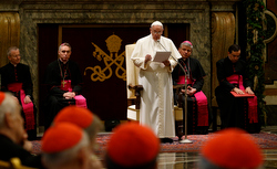 Pope Francis gives a speech during an audience to exchange Christmas greetings with members of the Roman Curia (CNS photo/Paul Haring)