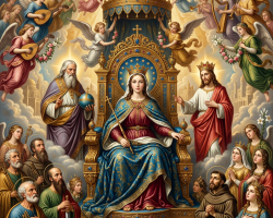 Crowned Virgin enthroned among Christ, saints, angels, and musicians